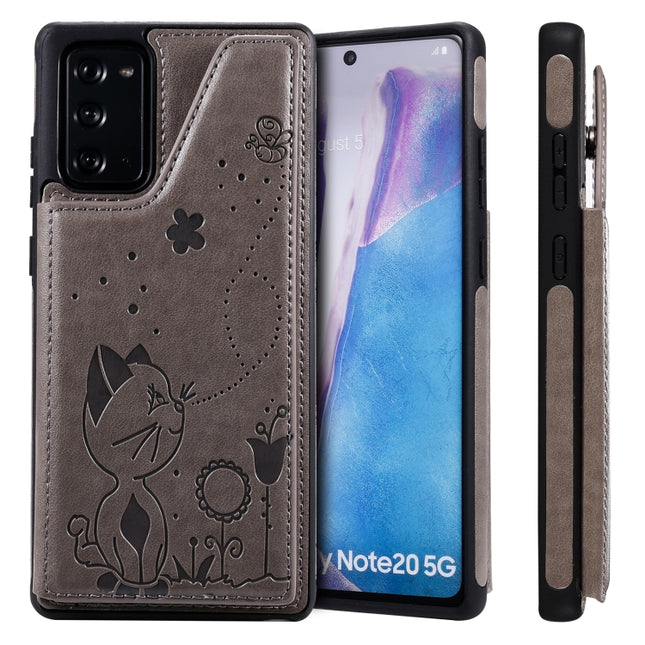 Cat Bee Embossing Pattern Shockproof Protective Case with Card Slots & Photo Frame For Samsung Galaxy Note20(Grey)-garmade.com