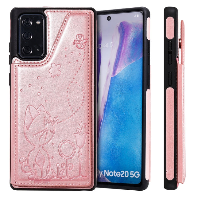 Cat Bee Embossing Pattern Shockproof Protective Case with Card Slots & Photo Frame For Samsung Galaxy Note20(Rose Gold)-garmade.com