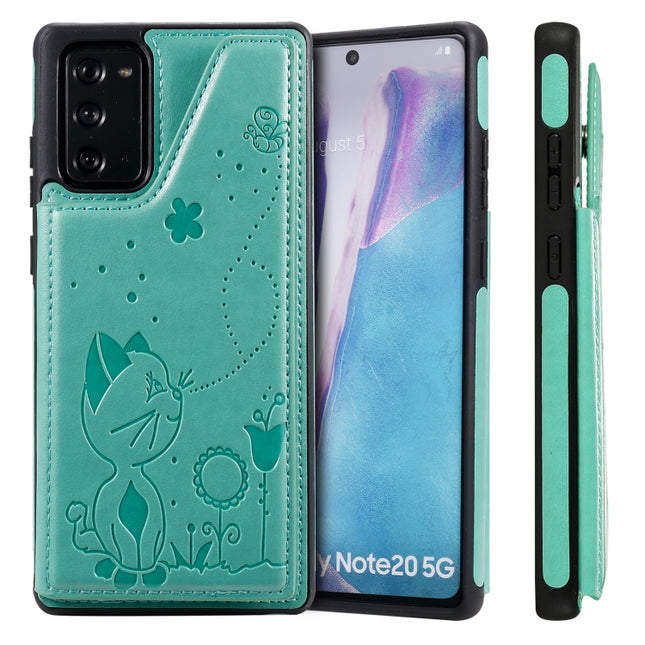 Cat Bee Embossing Pattern Shockproof Protective Case with Card Slots & Photo Frame For Samsung Galaxy Note20 (Green)-garmade.com
