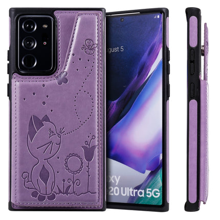 Cat Bee Embossing Pattern Shockproof Protective Case with Card Slots & Photo Frame For Samsung Galaxy Note20 Ultra(Purple)-garmade.com