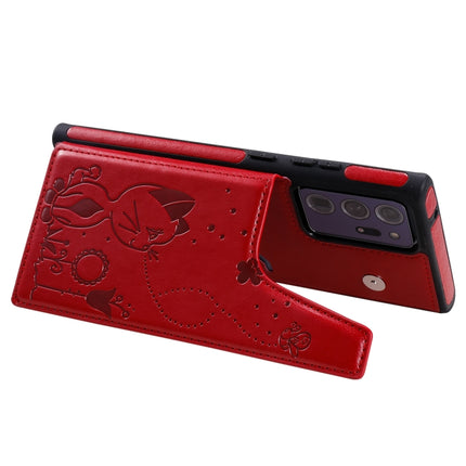 Cat Bee Embossing Pattern Shockproof Protective Case with Card Slots & Photo Frame For Samsung Galaxy Note20 Ultra(Red)-garmade.com