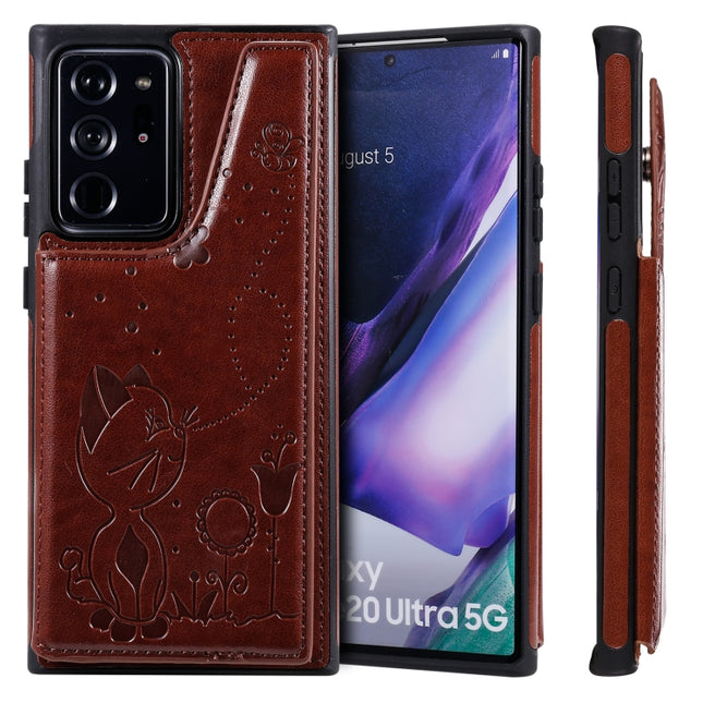 Cat Bee Embossing Pattern Shockproof Protective Case with Card Slots & Photo Frame For Samsung Galaxy Note20 Ultra(Brown)-garmade.com