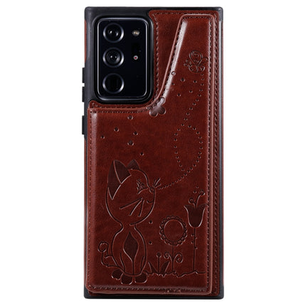 Cat Bee Embossing Pattern Shockproof Protective Case with Card Slots & Photo Frame For Samsung Galaxy Note20 Ultra(Brown)-garmade.com