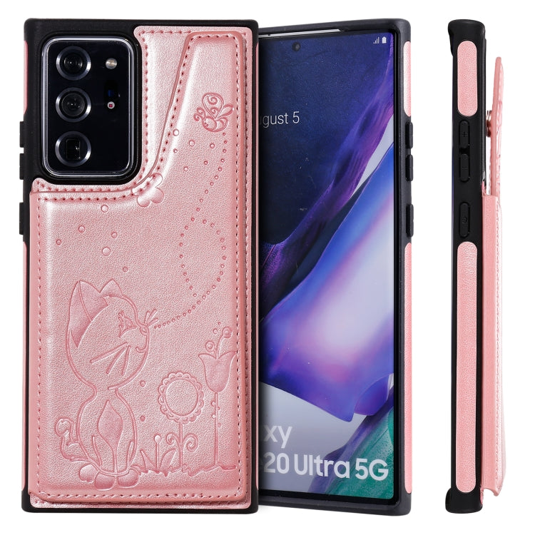 Cat Bee Embossing Pattern Shockproof Protective Case with Card Slots & Photo Frame For Samsung Galaxy Note20 Ultra(Rose Gold)-garmade.com