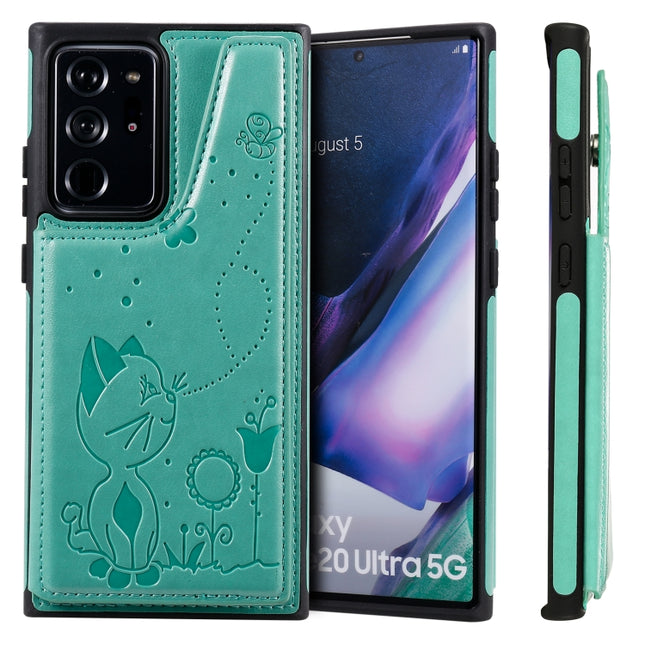 Cat Bee Embossing Pattern Shockproof Protective Case with Card Slots & Photo Frame For Samsung Galaxy Note20 Ultra (Green)-garmade.com