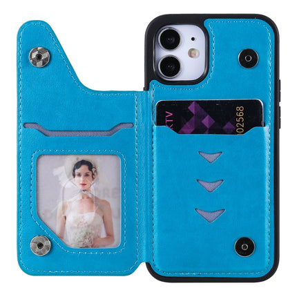Six Cats Embossing Pattern Protective Case with Holder & Card Slots & Photo Frame For iPhone 12 mini(Blue)-garmade.com