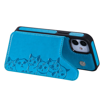 Six Cats Embossing Pattern Protective Case with Holder & Card Slots & Photo Frame For iPhone 12 mini(Blue)-garmade.com