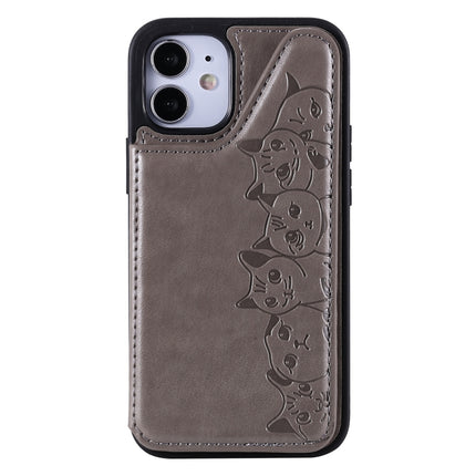 Six Cats Embossing Pattern Protective Case with Holder & Card Slots & Photo Frame For iPhone 12 mini(Grey)-garmade.com