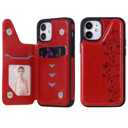 Six Cats Embossing Pattern Protective Case with Holder & Card Slots & Photo Frame For iPhone 12 mini(Red)-garmade.com
