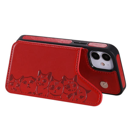 Six Cats Embossing Pattern Protective Case with Holder & Card Slots & Photo Frame For iPhone 12 mini(Red)-garmade.com