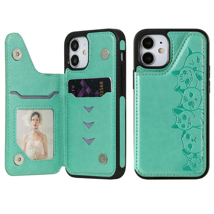Six Cats Embossing Pattern Protective Case with Holder & Card Slots & Photo Frame For iPhone 12 mini(Green)-garmade.com