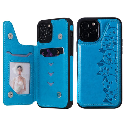 Six Cats Embossing Pattern Protective Case with Holder & Card Slots & Photo Frame For iPhone 12 / 12 Pro(Blue)-garmade.com