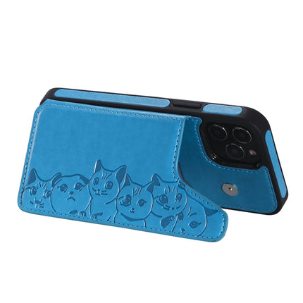 Six Cats Embossing Pattern Protective Case with Holder & Card Slots & Photo Frame For iPhone 12 / 12 Pro(Blue)-garmade.com