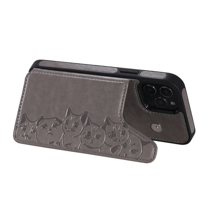 Six Cats Embossing Pattern Protective Case with Holder & Card Slots & Photo Frame For iPhone 12 / 12 Pro(Grey)-garmade.com