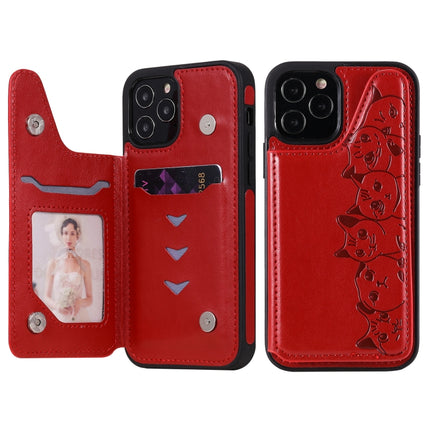 Six Cats Embossing Pattern Protective Case with Holder & Card Slots & Photo Frame For iPhone 12 / 12 Pro(Red)-garmade.com