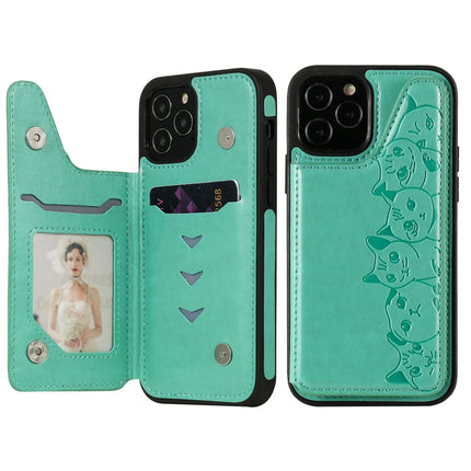 Six Cats Embossing Pattern Protective Case with Holder & Card Slots & Photo Frame For iPhone 12 / 12 Pro(Green)-garmade.com