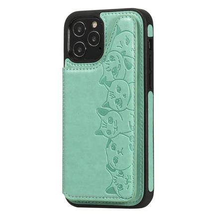 Six Cats Embossing Pattern Protective Case with Holder & Card Slots & Photo Frame For iPhone 12 / 12 Pro(Green)-garmade.com