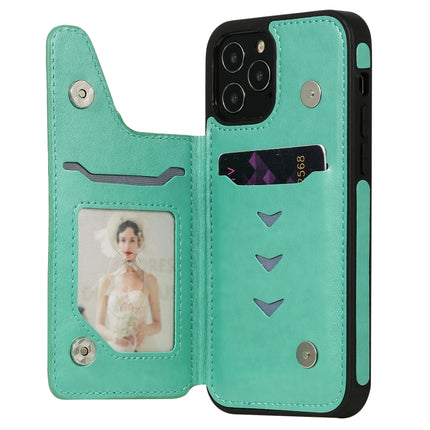 Six Cats Embossing Pattern Protective Case with Holder & Card Slots & Photo Frame For iPhone 12 / 12 Pro(Green)-garmade.com