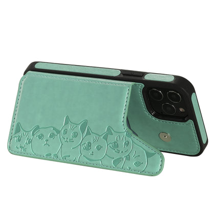 Six Cats Embossing Pattern Protective Case with Holder & Card Slots & Photo Frame For iPhone 12 / 12 Pro(Green)-garmade.com
