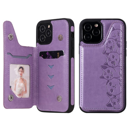 Six Cats Embossing Pattern Protective Case with Holder & Card Slots & Photo Frame For iPhone 12 / 12 Pro(Purple)-garmade.com