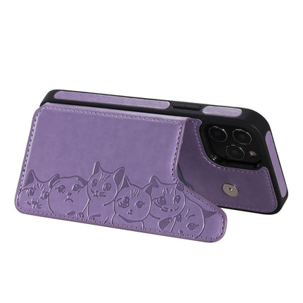 Six Cats Embossing Pattern Protective Case with Holder & Card Slots & Photo Frame For iPhone 12 / 12 Pro(Purple)-garmade.com