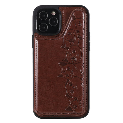 Six Cats Embossing Pattern Protective Case with Holder & Card Slots & Photo Frame For iPhone 12 / 12 Pro(Brown)-garmade.com