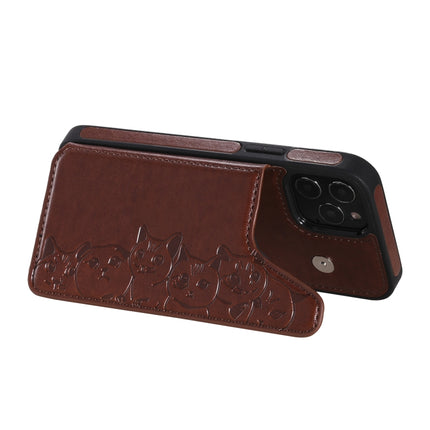 Six Cats Embossing Pattern Protective Case with Holder & Card Slots & Photo Frame For iPhone 12 / 12 Pro(Brown)-garmade.com