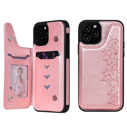 Six Cats Embossing Pattern Protective Case with Holder & Card Slots & Photo Frame For iPhone 12 / 12 Pro(Rose Gold)-garmade.com