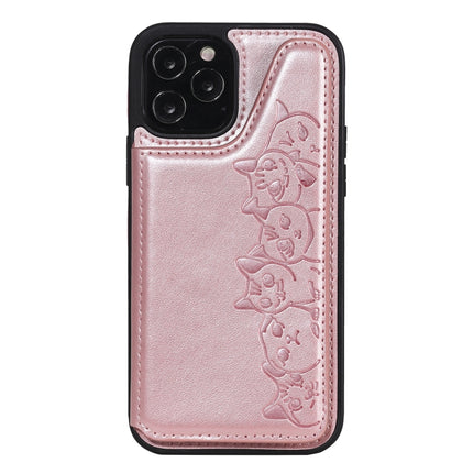 Six Cats Embossing Pattern Protective Case with Holder & Card Slots & Photo Frame For iPhone 12 / 12 Pro(Rose Gold)-garmade.com