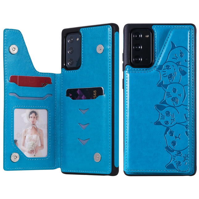 Six Cats Embossing Pattern Protective Case with Holder & Card Slots & Photo Frame For Samsung Galaxy Note20(Blue)-garmade.com