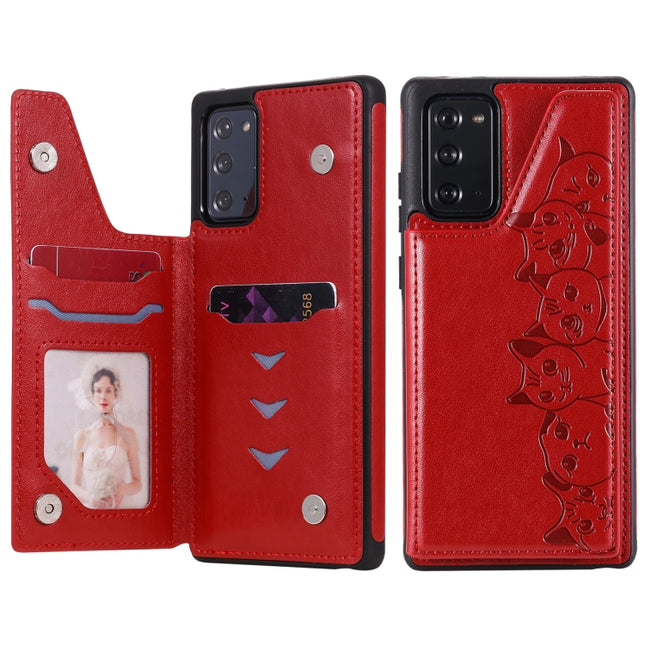 Six Cats Embossing Pattern Protective Case with Holder & Card Slots & Photo Frame For Samsung Galaxy Note20(Red)-garmade.com