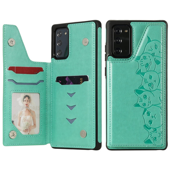 Six Cats Embossing Pattern Protective Case with Holder & Card Slots & Photo Frame For Samsung Galaxy Note20(Green)-garmade.com