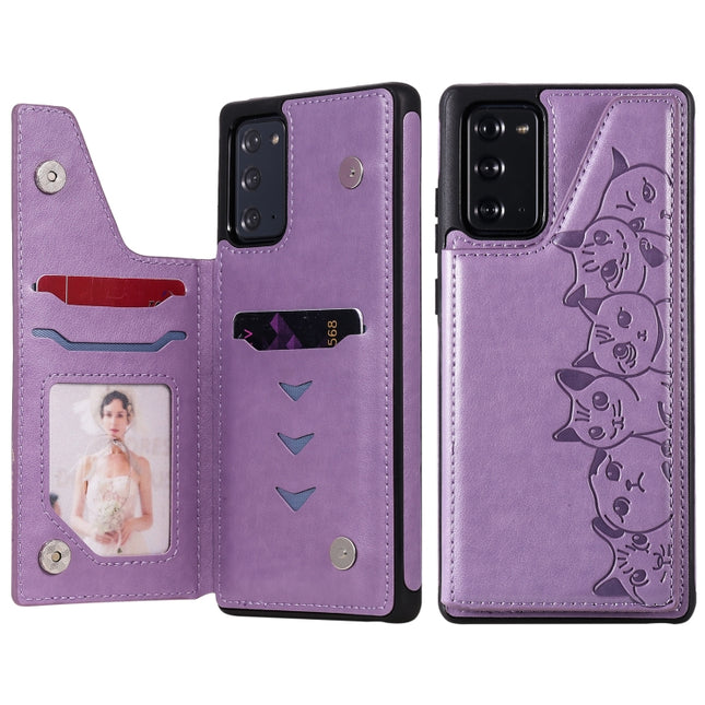 Six Cats Embossing Pattern Protective Case with Holder & Card Slots & Photo Frame For Samsung Galaxy Note20(Purple)-garmade.com
