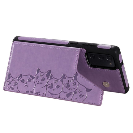 Six Cats Embossing Pattern Protective Case with Holder & Card Slots & Photo Frame For Samsung Galaxy Note20(Purple)-garmade.com