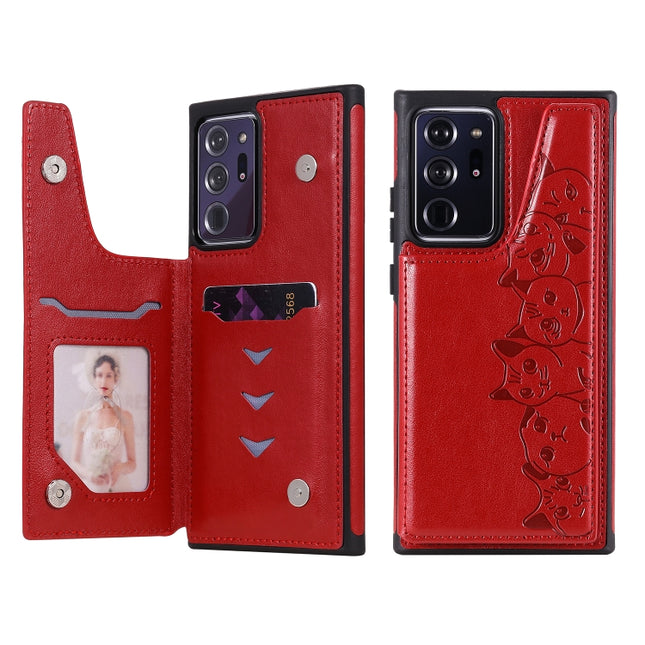 Six Cats Embossing Pattern Protective Case with Holder & Card Slots & Photo Frame For Samsung Galaxy Note20 Ultra(Red)-garmade.com