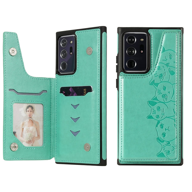 Six Cats Embossing Pattern Protective Case with Holder & Card Slots & Photo Frame For Samsung Galaxy Note20 Ultra(Green)-garmade.com