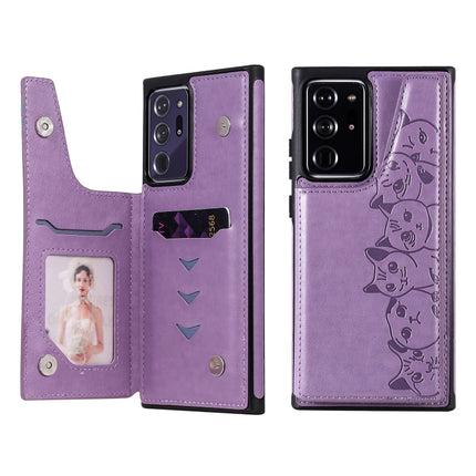 Six Cats Embossing Pattern Protective Case with Holder & Card Slots & Photo Frame For Samsung Galaxy Note20 Ultra(Purple)-garmade.com