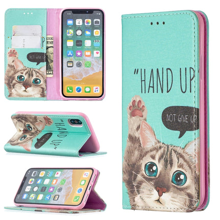 Colored Drawing Pattern Invisible Magnetic Horizontal Flip PU Leather Case with Holder & Card Slots & Wallet For iPhone X / XS(Cat)-garmade.com