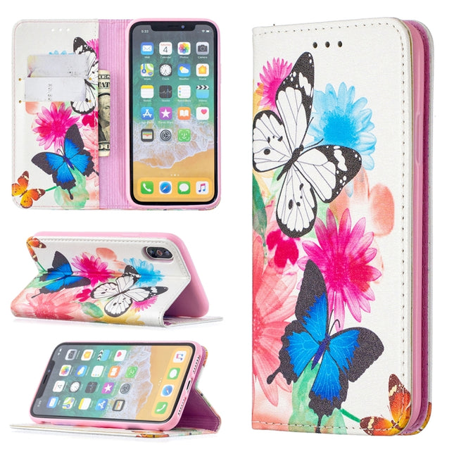 Colored Drawing Pattern Invisible Magnetic Horizontal Flip PU Leather Case with Holder & Card Slots & Wallet For iPhone X / XS(Two Butterflies)-garmade.com