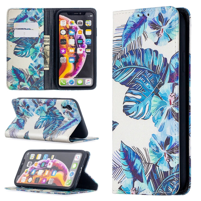 Colored Drawing Pattern Invisible Magnetic Horizontal Flip PU Leather Case with Holder & Card Slots & Wallet For iPhone XR(Blue Leaves)-garmade.com