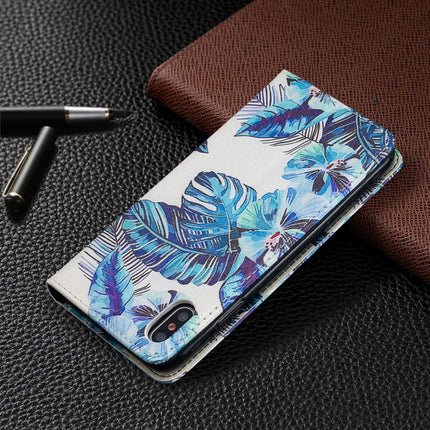 Colored Drawing Pattern Invisible Magnetic Horizontal Flip PU Leather Case with Holder & Card Slots & Wallet For iPhone XS Max(Blue Leaves)-garmade.com