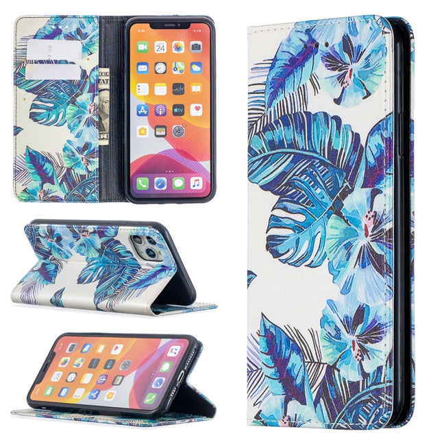 Colored Drawing Pattern Invisible Magnetic Horizontal Flip PU Leather Case with Holder & Card Slots & Wallet For iPhone 11 Pro(Blue Leaves)-garmade.com