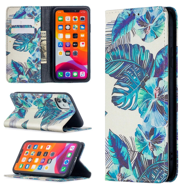 Colored Drawing Pattern Invisible Magnetic Horizontal Flip PU Leather Case with Holder & Card Slots & Wallet For iPhone 11(Blue Leaves)-garmade.com