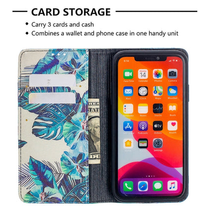 Colored Drawing Pattern Invisible Magnetic Horizontal Flip PU Leather Case with Holder & Card Slots & Wallet For iPhone 11(Blue Leaves)-garmade.com