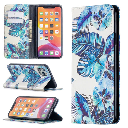 Colored Drawing Pattern Invisible Magnetic Horizontal Flip PU Leather Case with Holder & Card Slots & Wallet For iPhone 11 Pro Max(Blue Leaves)-garmade.com