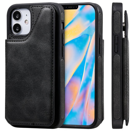 Shockproof Calf Texture Protective Case with Holder & Card Slots & Frame For iPhone 12 mini(Black)-garmade.com