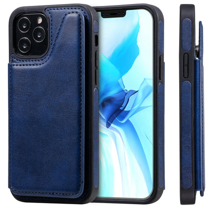 Shockproof Calf Texture Protective Case with Holder & Card Slots & Frame For iPhone 12 / 12 Pro(Blue)-garmade.com