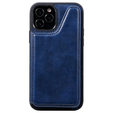 Shockproof Calf Texture Protective Case with Holder & Card Slots & Frame For iPhone 12 / 12 Pro(Blue)-garmade.com