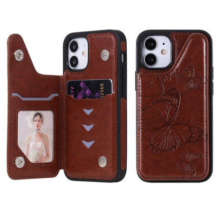 Butterfly Embossing Pattern Shockproof Protective Case with Holder & Card Slots & Photo Frame For iPhone 12 mini(Brown)-garmade.com