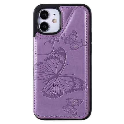 Butterfly Embossing Pattern Shockproof Protective Case with Holder & Card Slots & Photo Frame For iPhone 12 mini(Purple)-garmade.com
